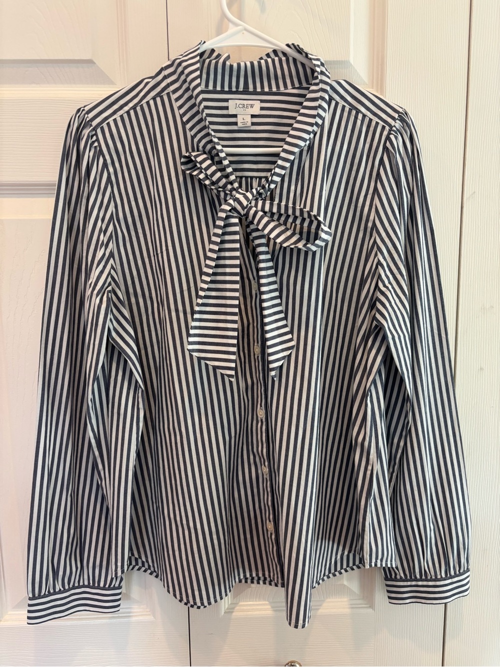J. Crew Black and White Vertical Stripe Tie-Neck Button-Down